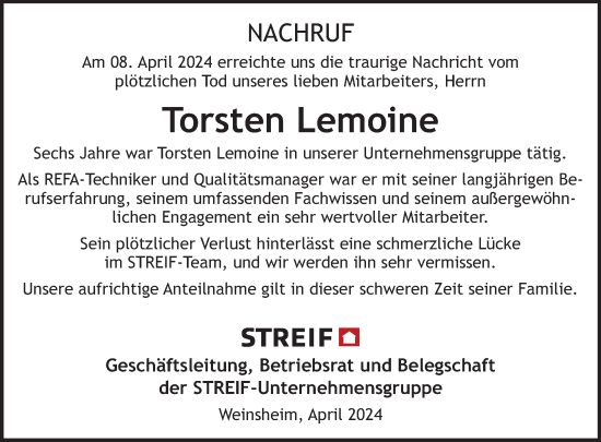 Traueranzeige von Torsten Lemoine von WochenSpiegel