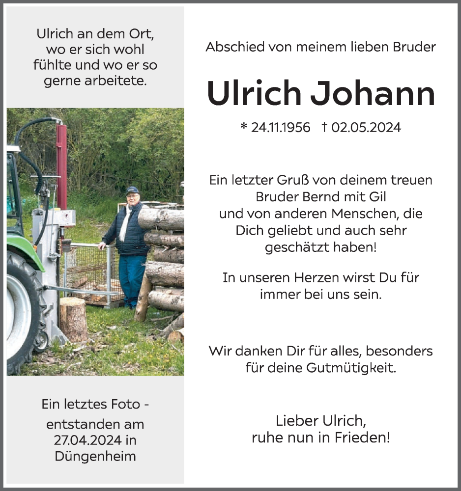  Traueranzeige für Ulrich Johann vom 15.05.2024 aus WochenSpiegel Trauer