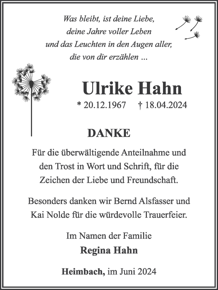  Traueranzeige für Ulrike Hahn vom 22.06.2024 aus WochenSpiegel