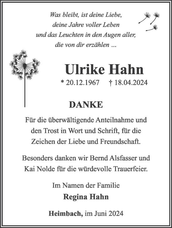 Traueranzeige von Ulrike Hahn von WochenSpiegel