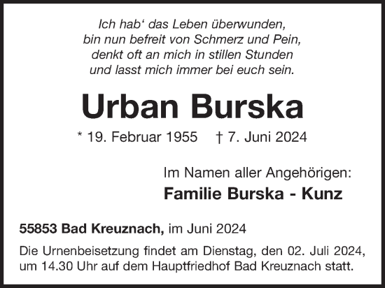 Traueranzeige von Urban Burska von WochenSpiegel