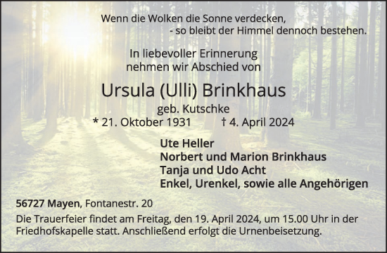Traueranzeige von Ursula Brinkhaus von WochenSpiegel