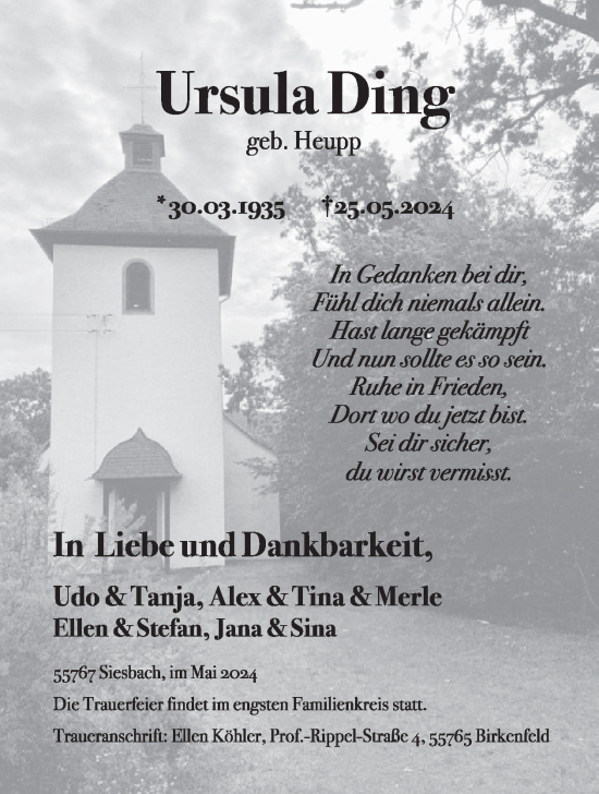 Traueranzeige von Ursula Ding von WochenSpiegel
