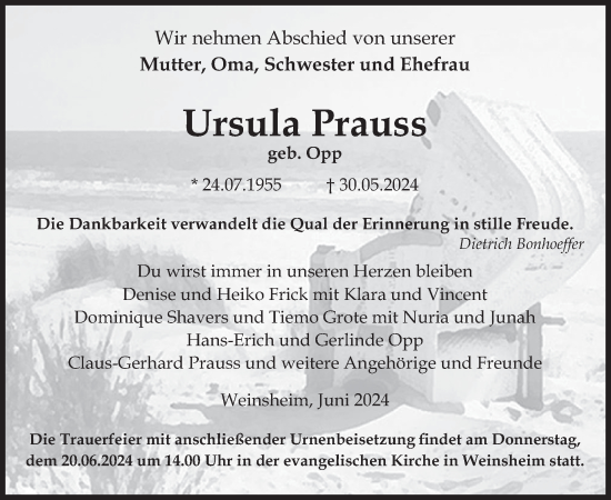 Traueranzeige von Ursula Prauss von WochenSpiegel
