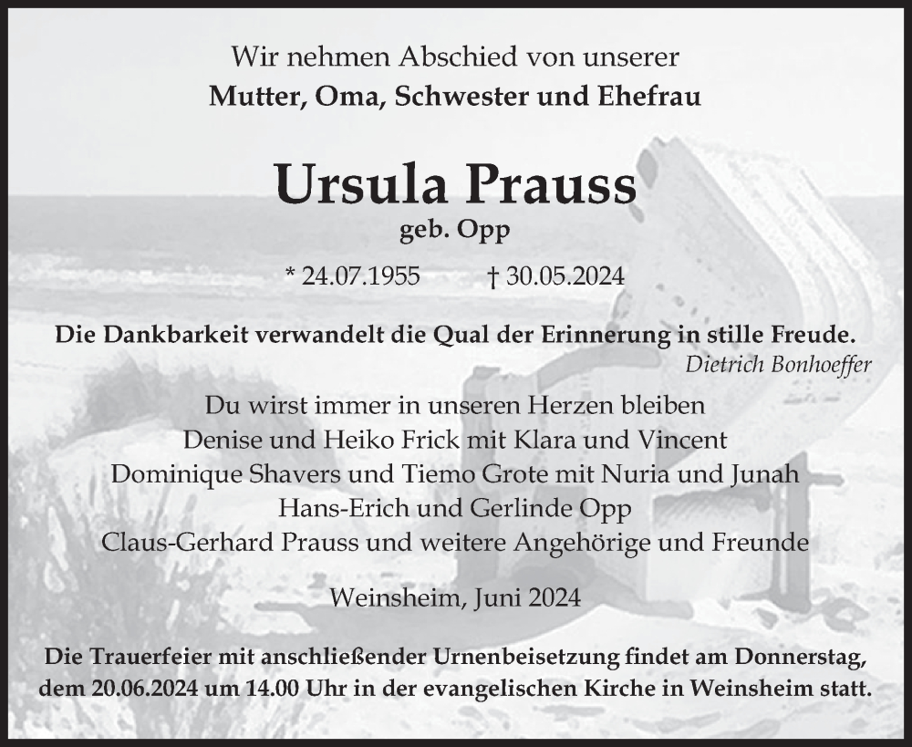  Traueranzeige für Ursula Prauss vom 15.06.2024 aus WochenSpiegel