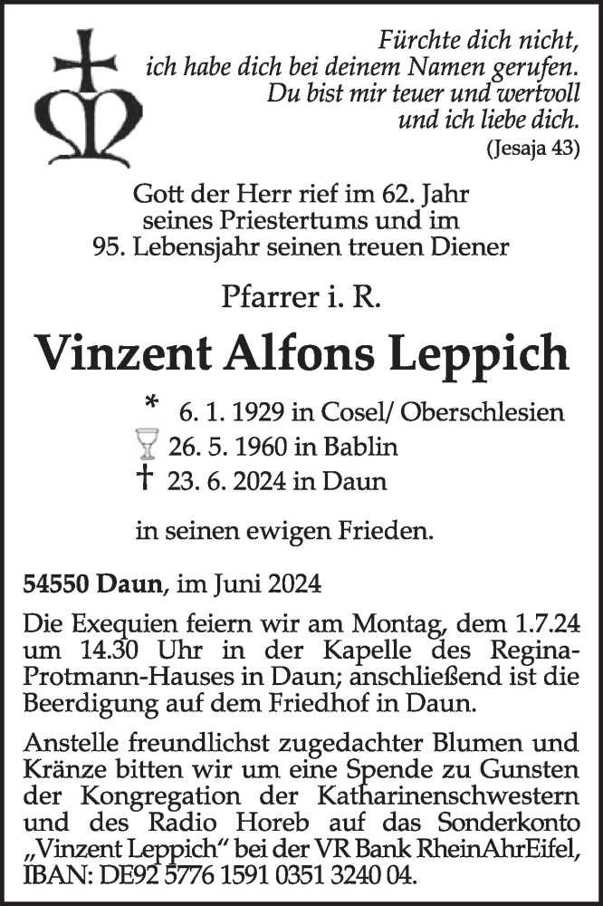  Traueranzeige für Vinzent Alfons Leppich vom 29.06.2024 aus WochenSpiegel