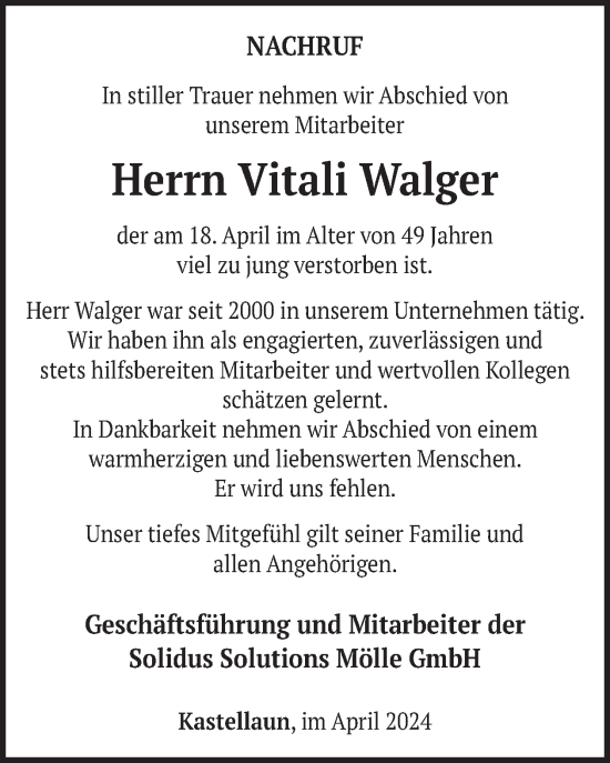 Traueranzeige von Vitali Walger von WochenSpiegel