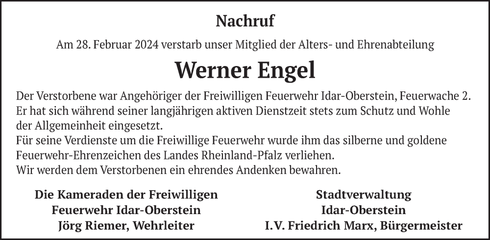  Traueranzeige für Werner Engel vom 23.03.2024 aus WochenSpiegel