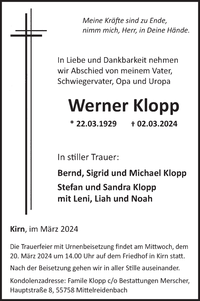  Traueranzeige für Werner Klopp vom 16.03.2024 aus WochenSpiegel