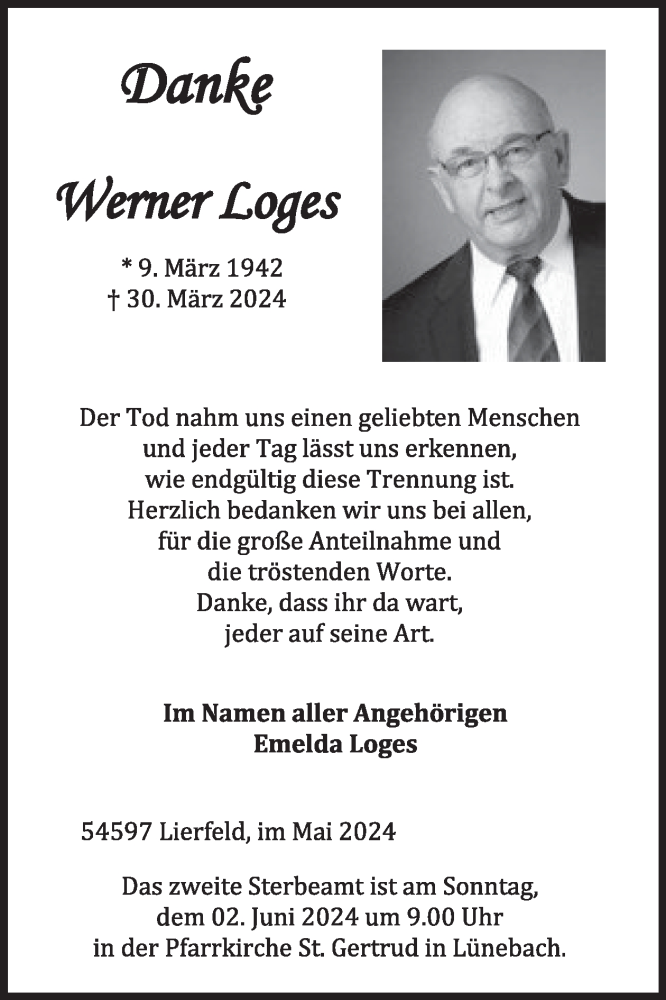  Traueranzeige für Werner Loges vom 16.05.2024 aus WochenSpiegel