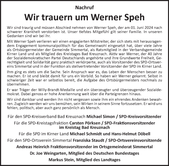 Traueranzeige von Werner Speh von WochenSpiegel
