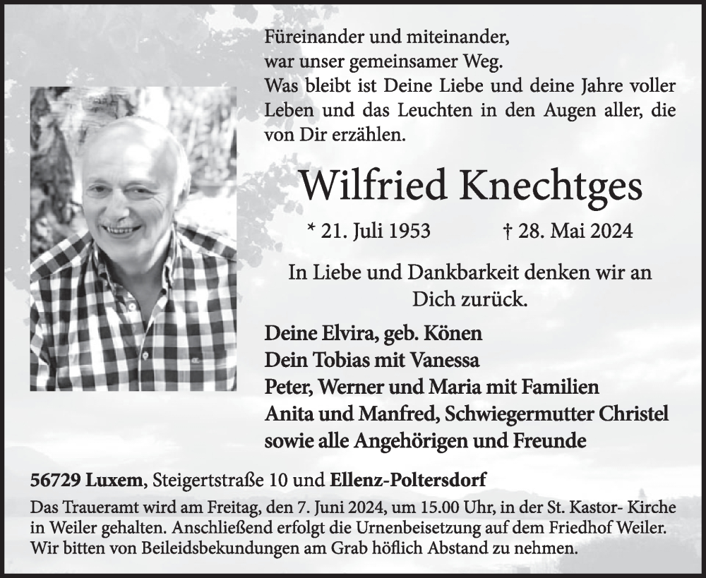  Traueranzeige für Wilfried Knechtges vom 05.06.2024 aus WochenSpiegel