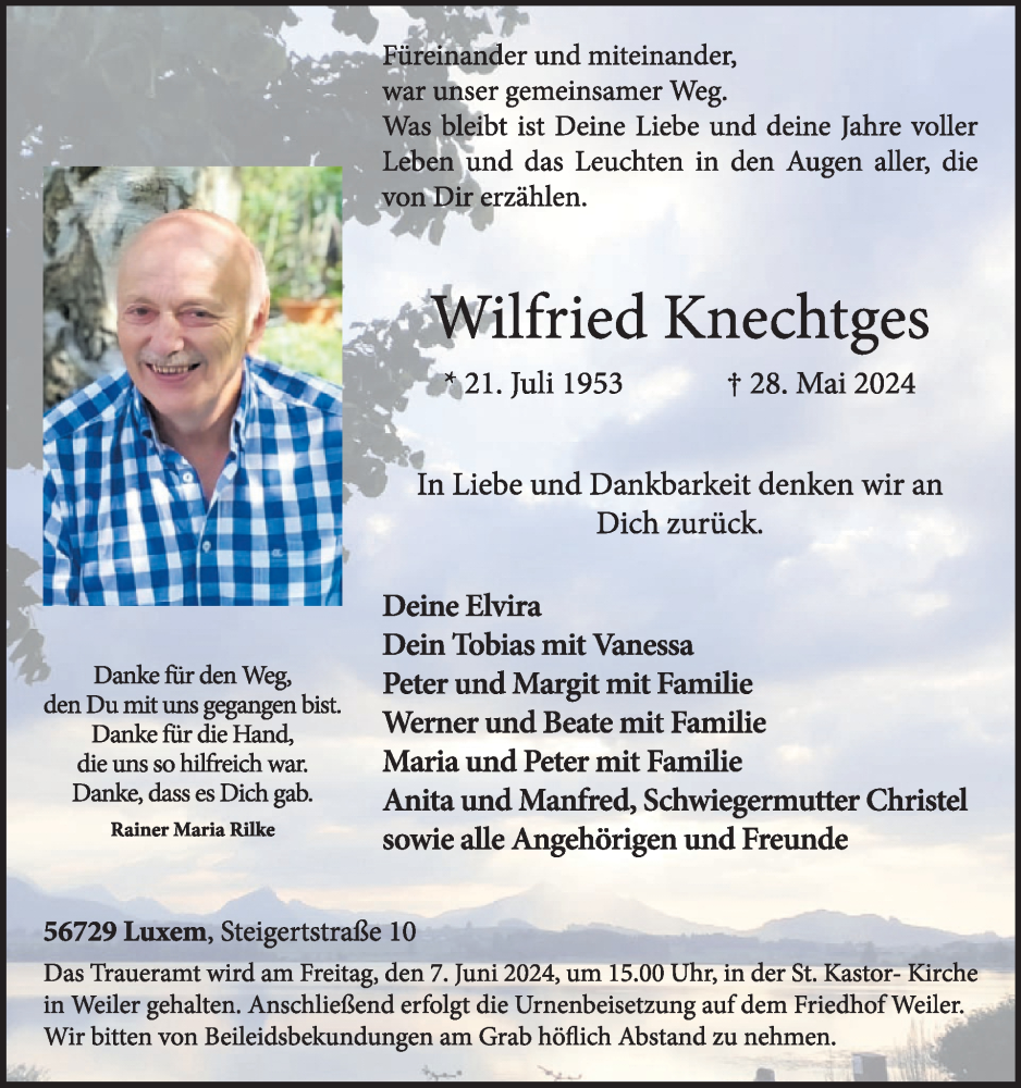  Traueranzeige für Wilfried Knechtges vom 05.06.2024 aus WochenSpiegel