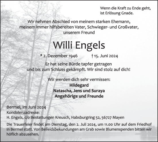Traueranzeige von Willi Engels von WochenSpiegel