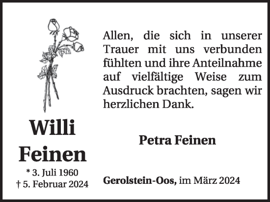 Traueranzeige von Willi Feinen von WochenSpiegel