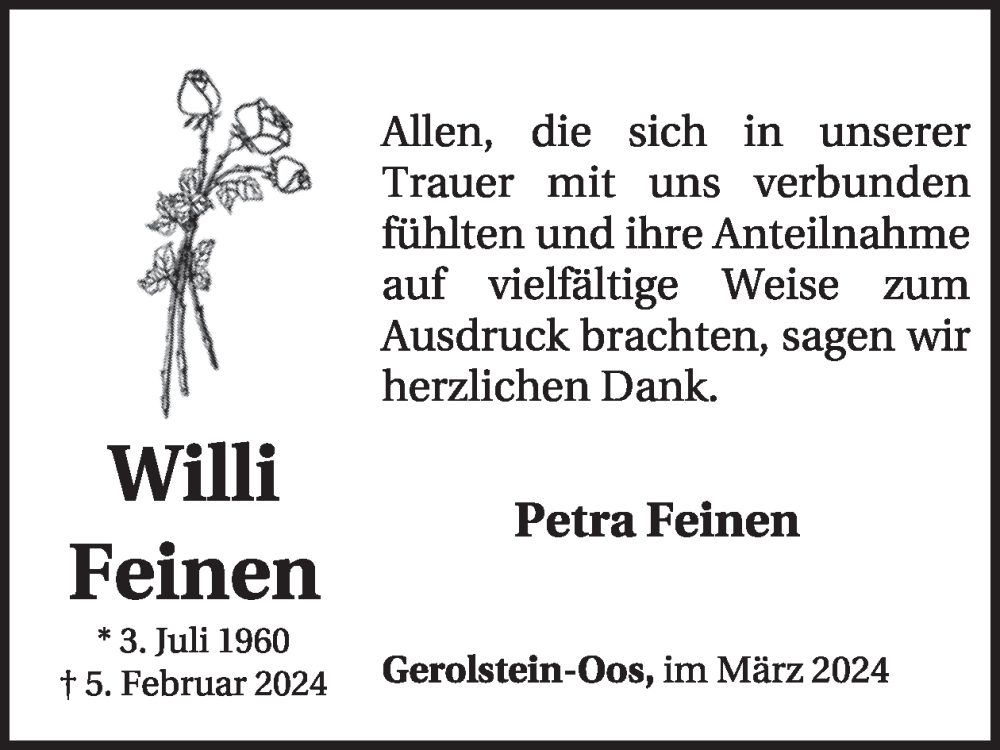  Traueranzeige für Willi Feinen vom 16.03.2024 aus WochenSpiegel