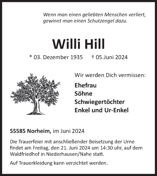 Traueranzeige von Willi Hill von WochenSpiegel