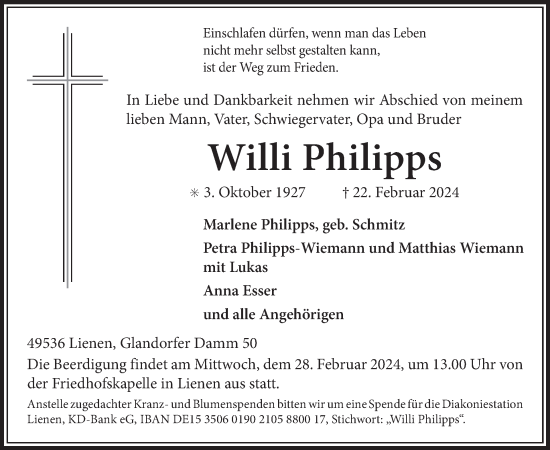 Traueranzeige von Willi Philipps von WochenSpiegel