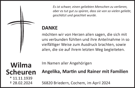 Traueranzeige von Wilma Scheuren von WochenSpiegel