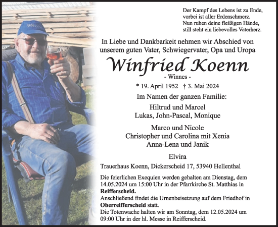 Traueranzeige von Winfried Koenn von WochenSpiegel