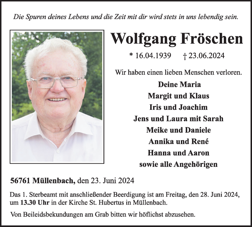  Traueranzeige für Wolfgang Fröschen vom 26.06.2024 aus WochenSpiegel