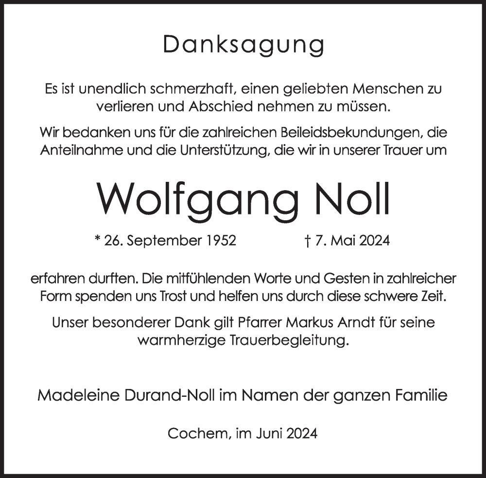  Traueranzeige für Wolfgang Noll vom 19.06.2024 aus WochenSpiegel