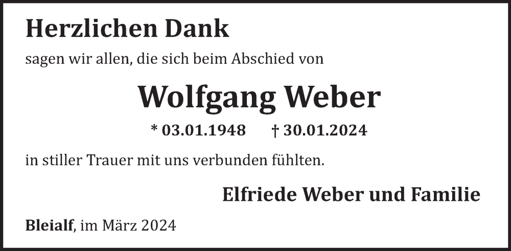  Traueranzeige für Wolfgang Weber vom 14.03.2024 aus WochenSpiegel