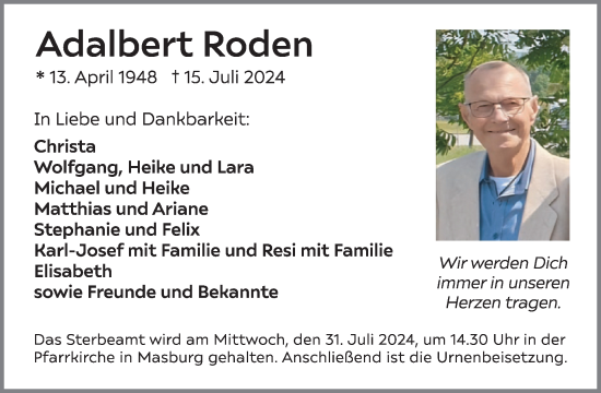 Traueranzeige von Adalbert Roden von WochenSpiegel