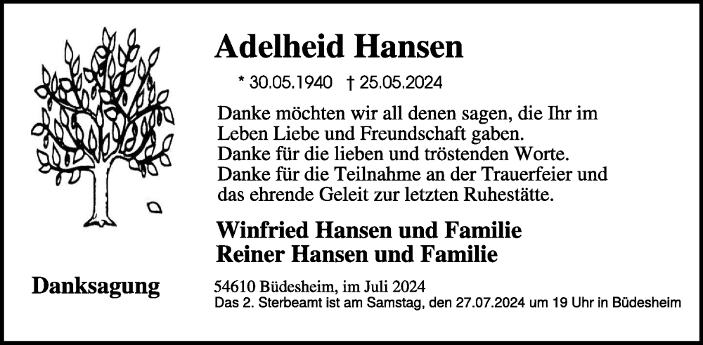  Traueranzeige für Adelheid Hansen vom 19.07.2024 aus WochenSpiegel
