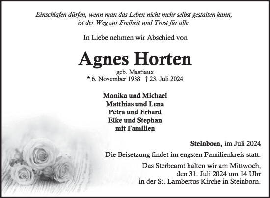 Traueranzeige von Agnes Horten von WochenSpiegel