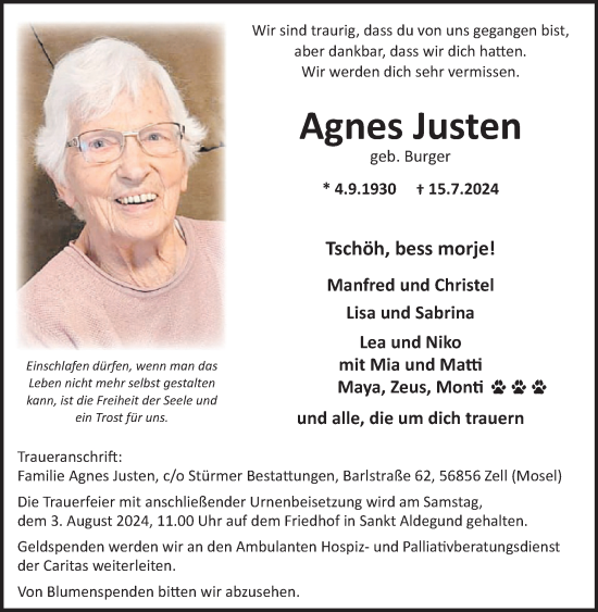 Traueranzeige von Agnes Justen von WochenSpiegel