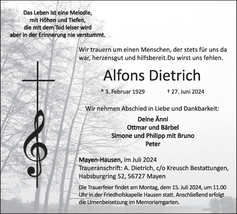  Traueranzeige für Alfons Dietrich vom 10.07.2024 aus WochenSpiegel
