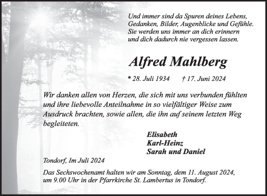 Traueranzeige von Alfred Mahlberg von WochenSpiegel