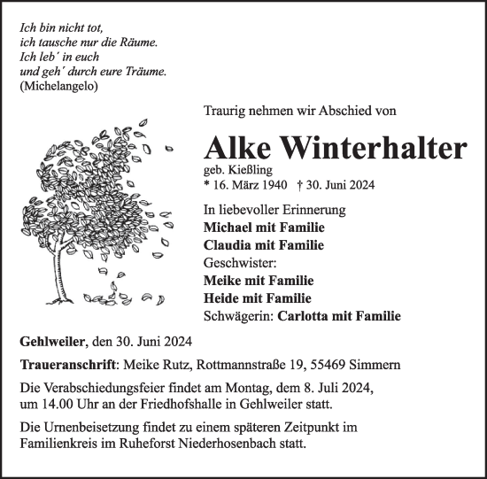 Traueranzeige von Alke Winterhalter von WochenSpiegel