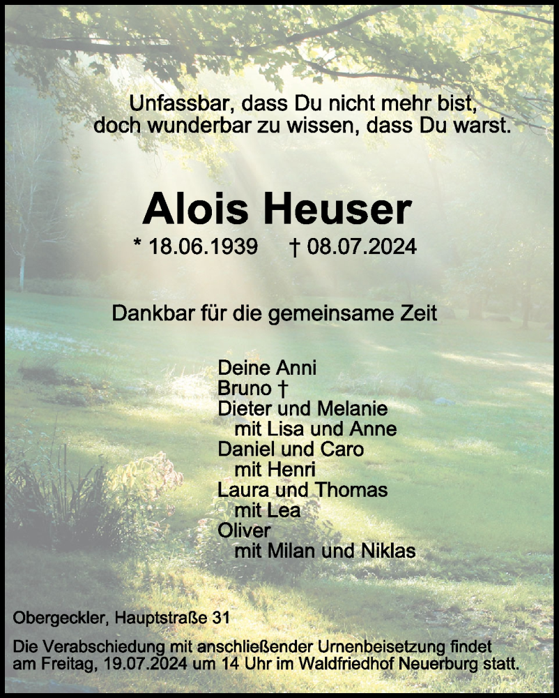  Traueranzeige für Alois Heuser vom 19.07.2024 aus WochenSpiegel