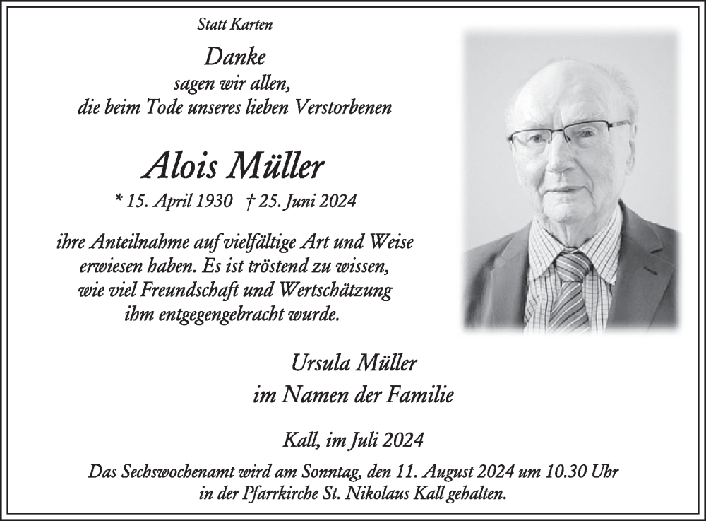  Traueranzeige für Alois Müller vom 31.07.2024 aus WochenSpiegel