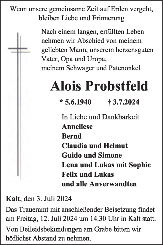 Traueranzeige von Alois Probstfeld von WochenSpiegel