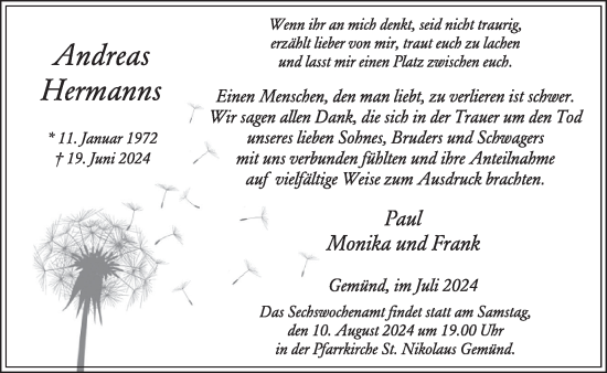 Traueranzeige von Andreas Hermanns von WochenSpiegel