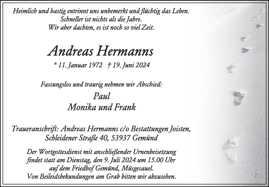 Traueranzeige von Andreas Hermanns von WochenSpiegel