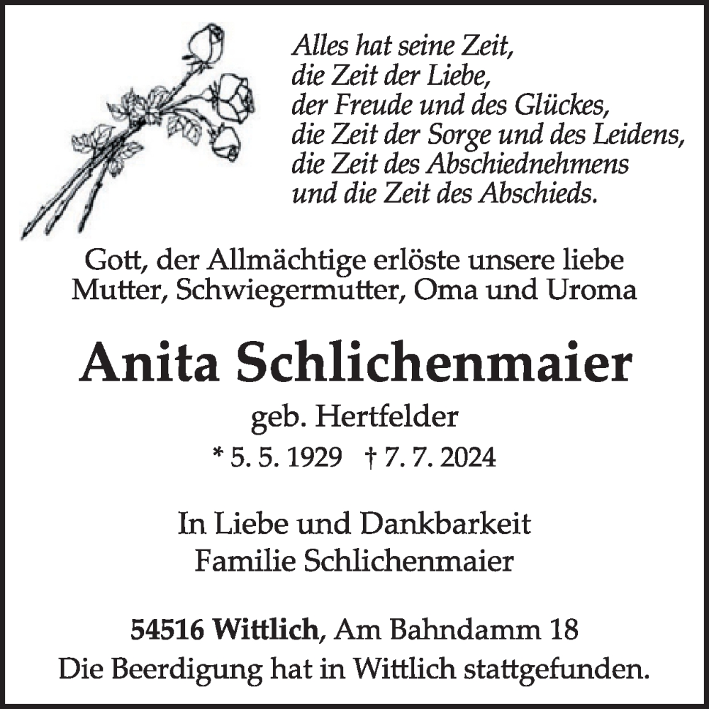  Traueranzeige für Anita Schlichenmaier vom 12.07.2024 aus WochenSpiegel