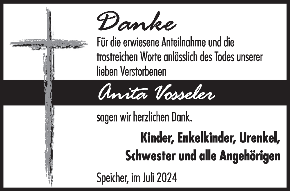  Traueranzeige für Anita Vosseler vom 12.07.2024 aus WochenSpiegel