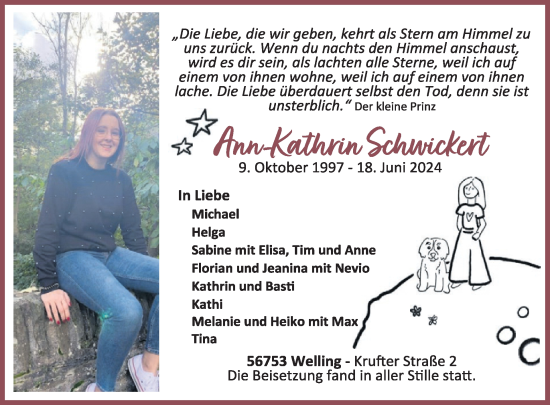 Traueranzeige von Ann-Kathrin Schwickert von WochenSpiegel