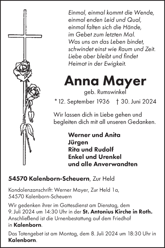 Traueranzeige von Anna Mayer von WochenSpiegel