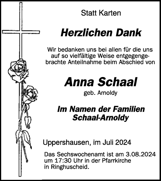 Traueranzeige von Anna schaal von WochenSpiegel