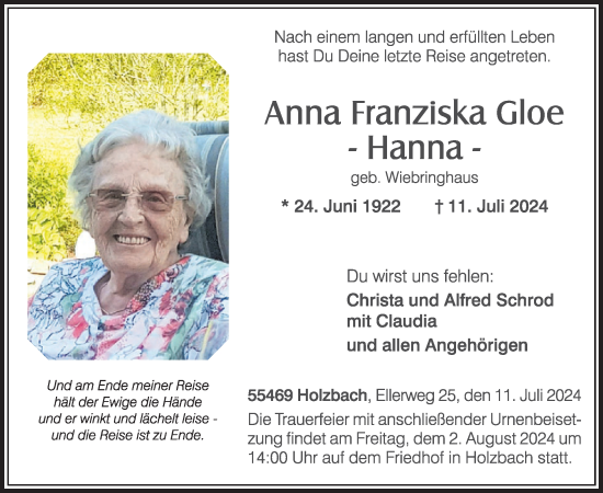 Traueranzeige von Anna Franziska Gloe von WochenSpiegel