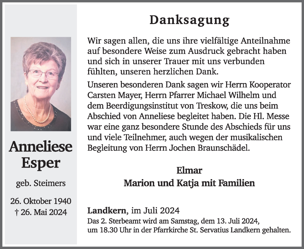  Traueranzeige für Anneliese Esper vom 03.07.2024 aus WochenSpiegel