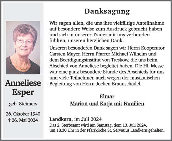 Traueranzeige von Anneliese Esper von WochenSpiegel