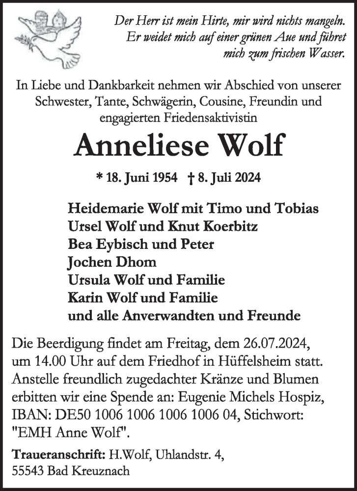  Traueranzeige für Anneliese Wolf vom 20.07.2024 aus WochenSpiegel