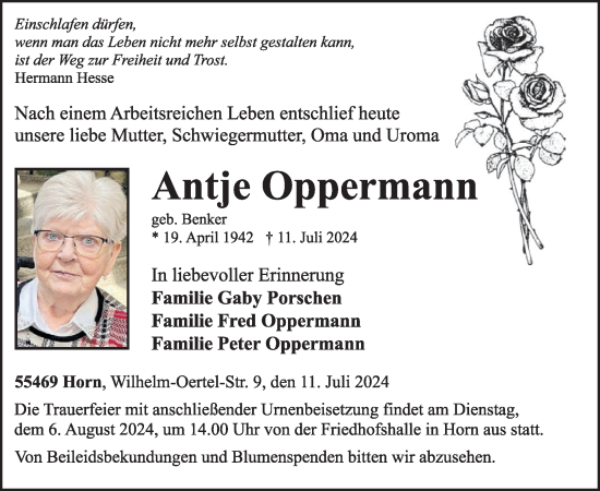 Traueranzeige von Antje Oppermann von WochenSpiegel