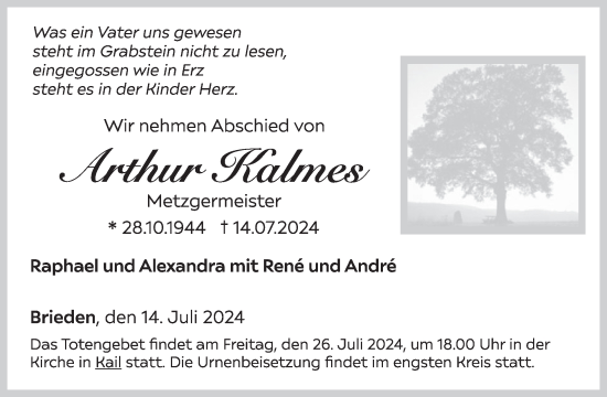 Traueranzeige von Arthur Kalmes von WochenSpiegel